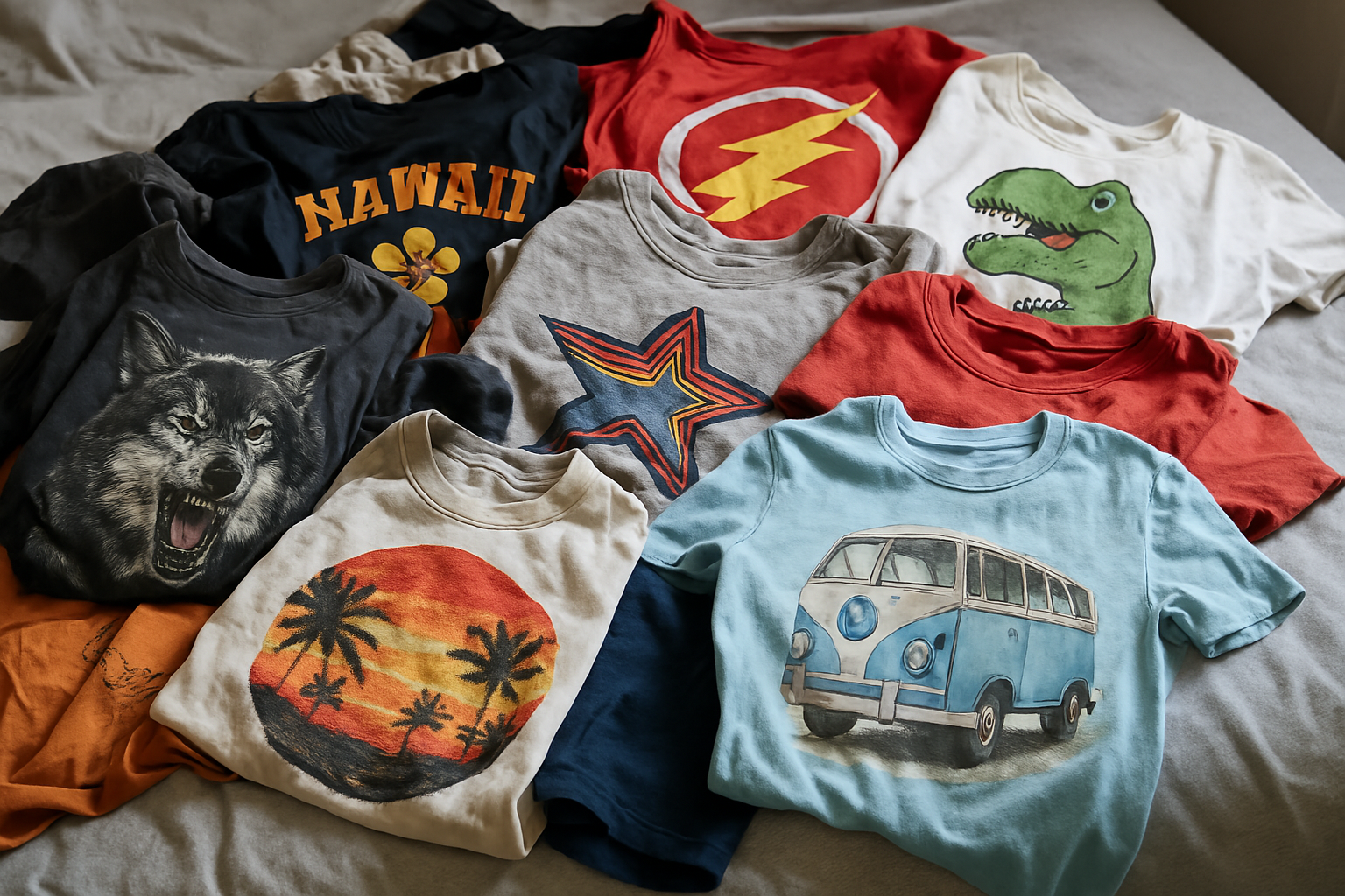 Collection of custom t-shirts with various AI-generated designs like flowers, tiger, desert scene, butterflies, waves, and daisies